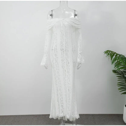 White Sexy Lace Flare Sleeve Dress Off Shoulder Slim Maxi Dresses Women 2024 Female Hollow Out Mermaid Floor Length Elegant Robe