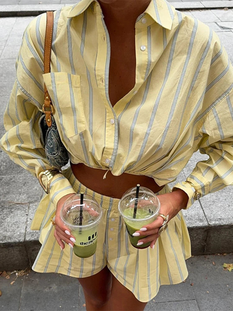 Women's Striped 2 Piece-Set Casual Lapel Long Sleeve Lace-Up Cropped T-Shirt High Waist Shorts 2026 Spring Lady Fashion Outfit