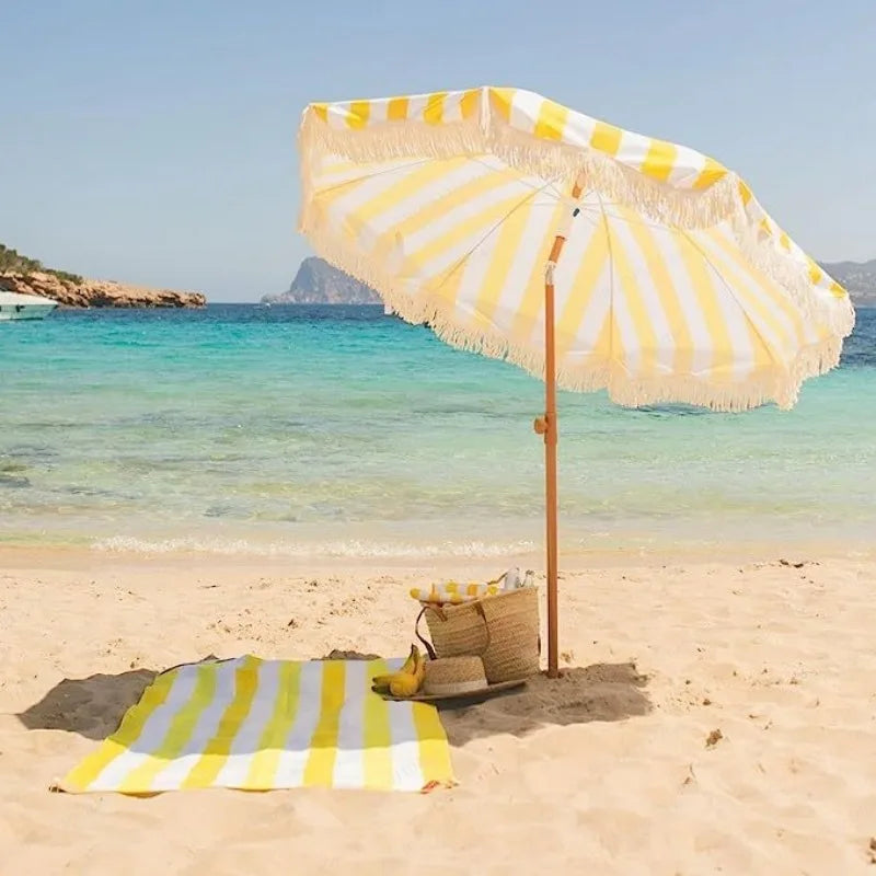 2m yellow striped umbrella with tassels, outdoor shade, beach umbrella, courtyard camping, sun protection