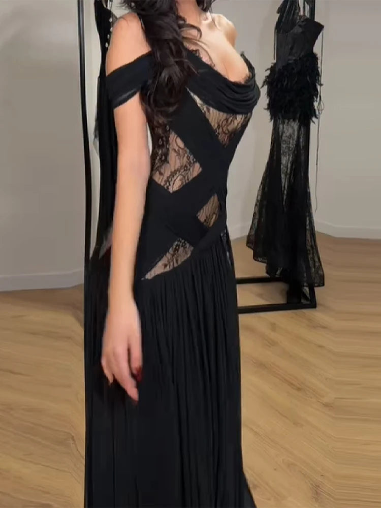 Elegant Lace Patchwork Slit Strapless Dress Sexy Off-shoulder High Waist Long Skirt New Trendy Party Y2k Robe Gothic Style Gown