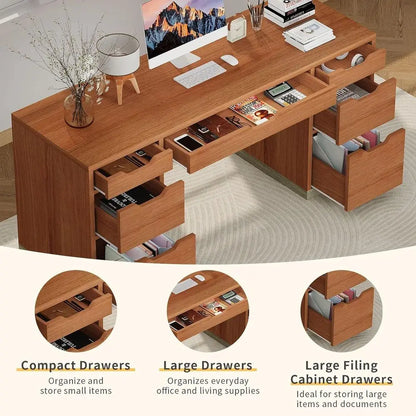 54 Inch Executive Desk with 7 Drawers, Ideal for Home Office, Study, or Bedroom, Compact for Small Spaces (Brown )