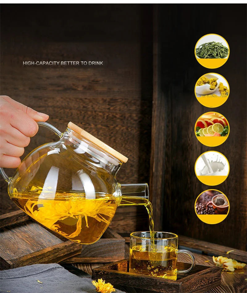1/1.8L Transparent Glass Teapot with Bamboo Lid Heat-Resistant Glass Pitcher Thickened Glass Flower Tea pot Puer Kettle Office