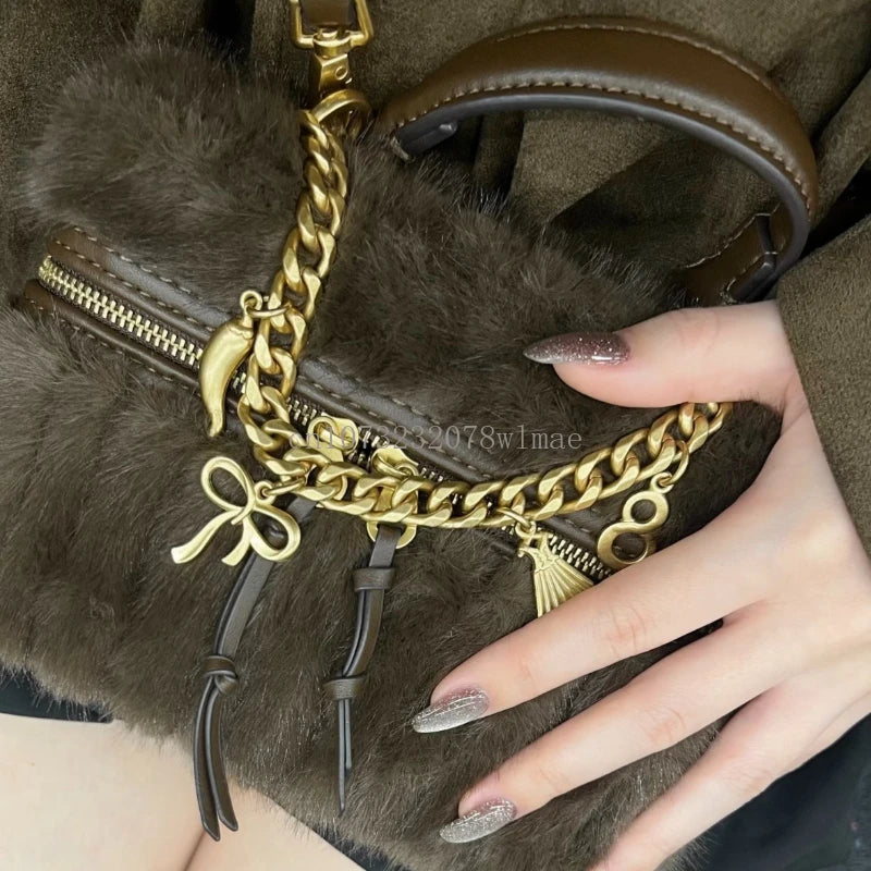 Faux Fur Mini Box Bags Luxury Designer Handbag for Women Trendy Ladies Fashion Casual Chain Elegant Shoulder Bags Crossbody Bag