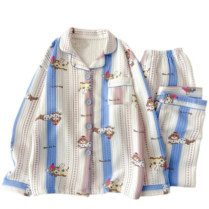 Striped Dog Print Korean Casual Loungewear for Women Sweet Cute Lapel Neck Women's Pajamas Set Autumn Winter New 2 PCS Sleepwear