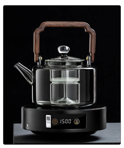JUSTINLAU 1.3L Glass Teapot Integrated Steaming&Boiling Kettle with Thickened Filter&Wooden Handle Household Kung Fu Tea Set