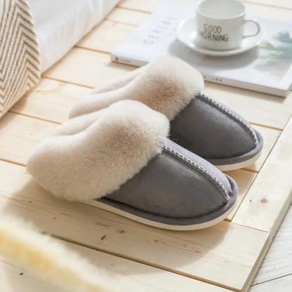 2025 Winter Warm Home Fur Slippers Women Luxury Faux Suede Plush Couple Cotton Shoes Indoor Bedroom Flat Heels Fluffy Slippers