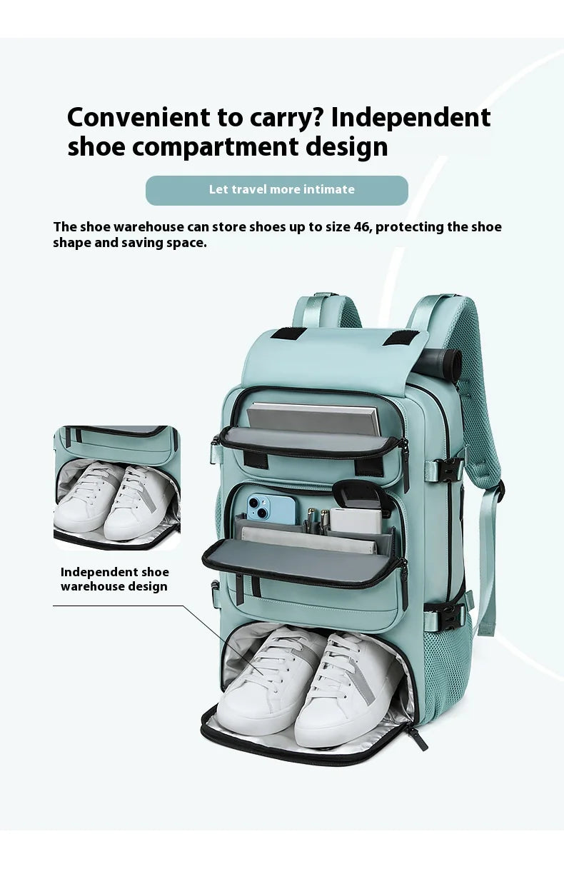 Large Travel Backpack Boardable Backpack USB Charging Waterproof Outdoor Travel Backpack Independent Shoe Compartment