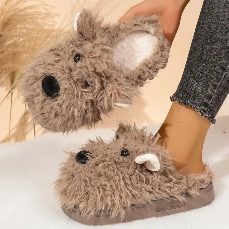 Cartoon Puppy Fluffy Fur Indoor Slippers Women 2025 Winter Thick Bottom Furry Mules Slippers Warm Plush Home Slides for Womon