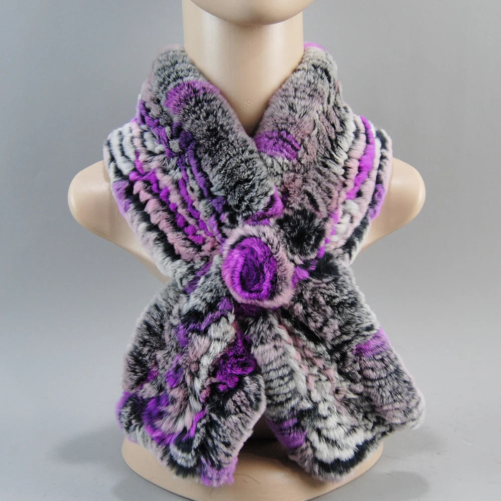 Hot Russian Women Knit Real Rex Rabbit Fur Scarf Lady Fashion Floral Rex Rabbit Fur Mufflers Hot Winter Warm Natural Fur Scarves