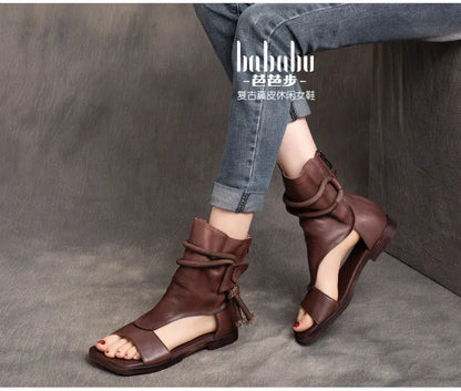 Birkuir High Top Open Toe Sandals For Women Summer Boots Luxury Hollow Out Beach Sandals Genuine Leather Flats Shoes Ladies