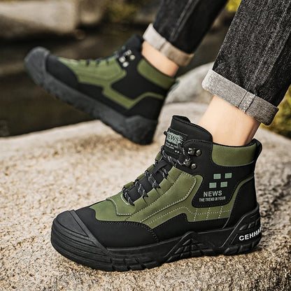 Original Black Leather Ankle Boots For Men Outdoor Non-slip Work Boots Men's Motorcycle Boots Platform High Top Bikers Shoes Man