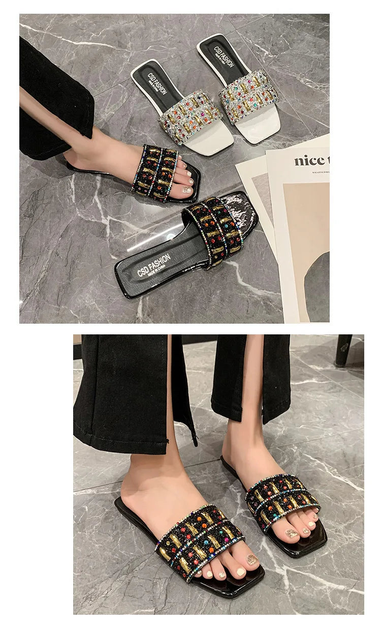 Slippers for Women Shiny Rhinestone Sandals Women Outdoor Beach Casual Shoes Sexy Fashion Big Size Flat Shoes Sandalias De Mujer
