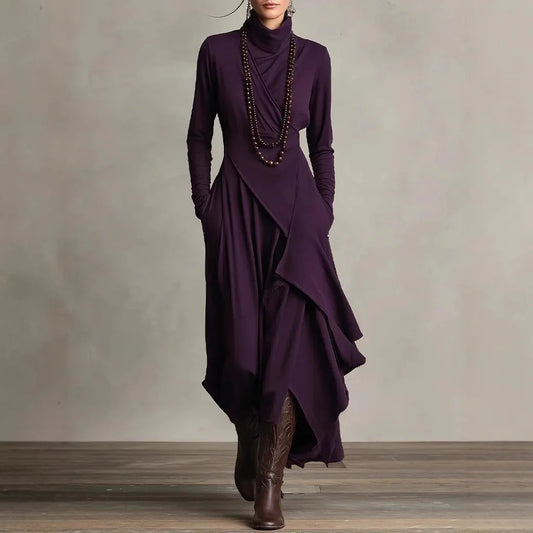 Vintage Pocket Asymmetric Dress for Women's Long Sleeve Solid Turtleneck Minimalist Retro Casual Autumn Long Dresses 2025