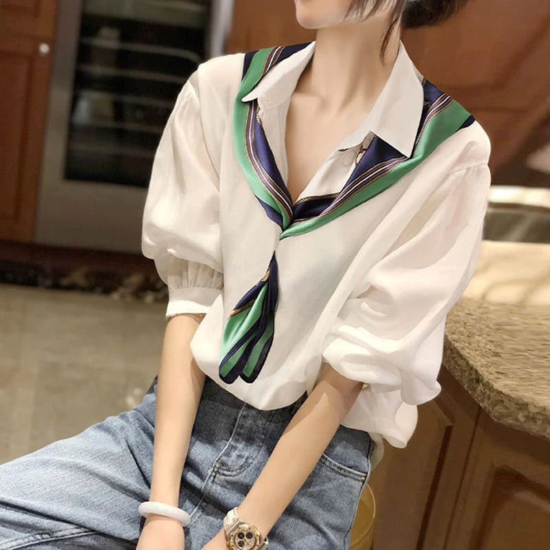 White Long Sleeve Polo Neck Office Shirt Tops Spring New Simplicity Solid Loose Temperament Blouse Fashion Elegant Women Clothes
