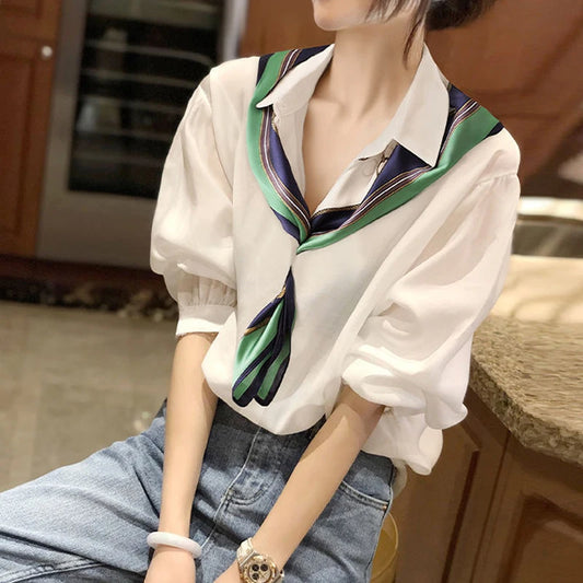 White Long Sleeve Polo Neck Office Shirt Tops Spring New Simplicity Solid Loose Temperament Blouse Fashion Elegant Women Clothes