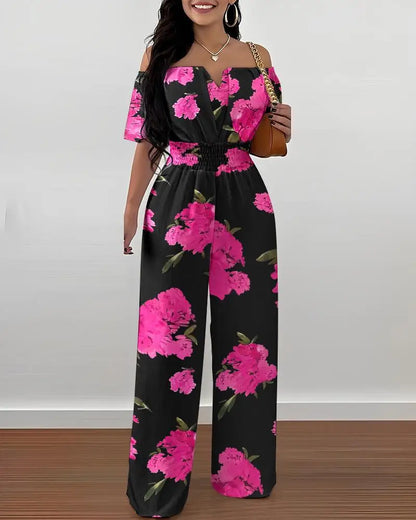 Summer New Women Sexy One Line Shoulder Solid Color Short Sleeve Jumpsuit Slim Elastic Waist Loose Straight Female Long Jumpsuit