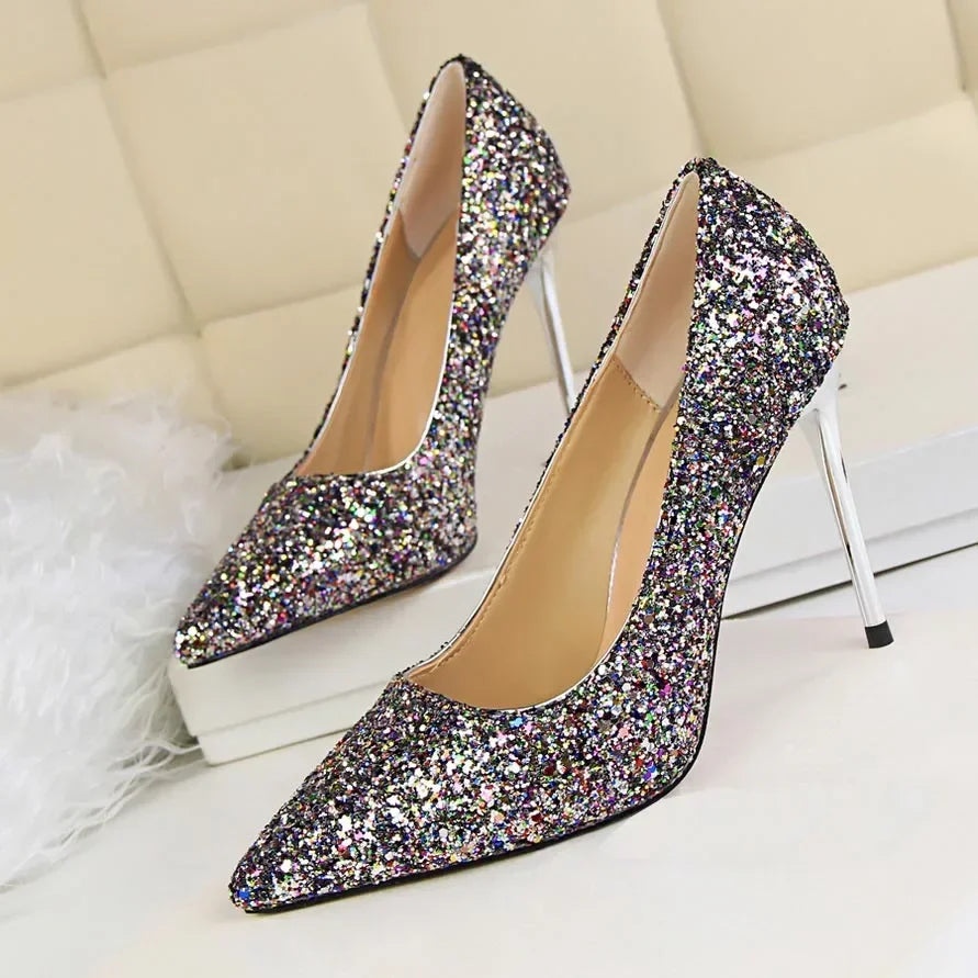 Women Luxury Bling Red  Blue Valentine Party Scarpins Pumps Lady Glitter Sequins 7cm 9.5cm High Heels Designer Shoes Plus Size