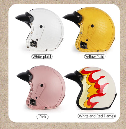 UCHOOSE Retro Motorcycle Helmet PU Leather Open Face 3/4 Chopper Bicycle Helmets Classic Casco Moto Vintage
