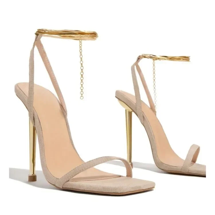 2024 Summer Women's High Heels Open Toed Strap Solid Color Luxury Women's High Heel Dress Party Limited Edition Gold High Heels
