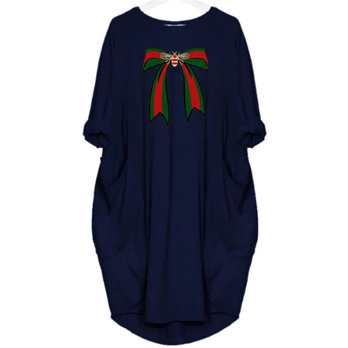 Ladies' summer loose bee bow pattern printed round neck short sleeved pocket comfortable casual plus size dress