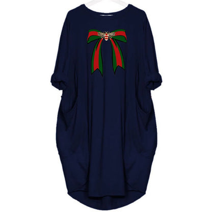 Ladies' summer loose bee bow pattern printed round neck short sleeved pocket comfortable casual plus size dress