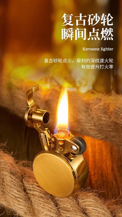 New Retro Round Kero sene Lighter Creative Metal Windproof Flame Lighter Gold and Silver Oil Lighter Smoking Accessories Tool