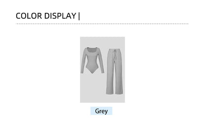 Ladies Casual Two-Piece Suit round Neck Long Sleeve Top with Wide Leg Pants Pure Color Straight Loose Trousers Elegant Outfit