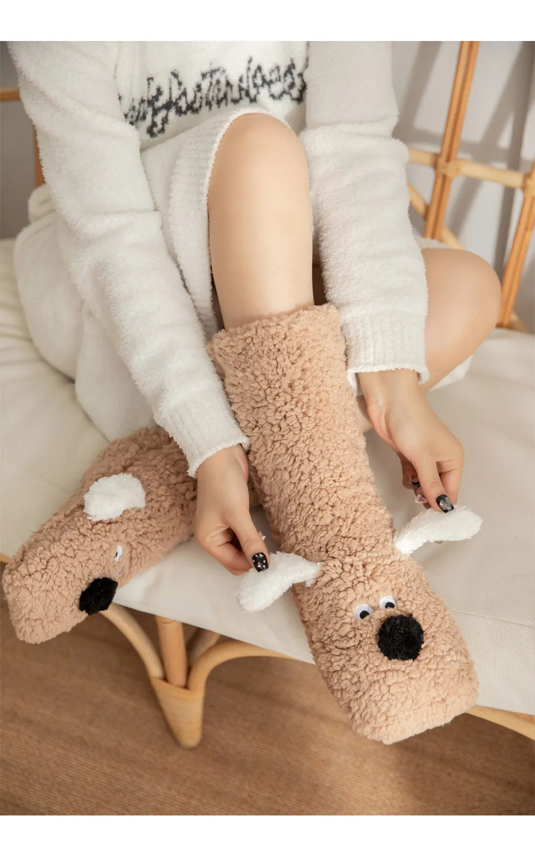 Fuzzy Fluffy Sock Women Cartoon 3D Dog Winter Warm Plush Non slip Home Sleeping Soft Female Floor Thermal Funny Slipper Sock