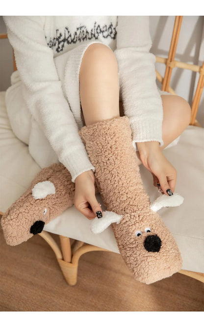 Fuzzy Fluffy Sock Women Cartoon 3D Dog Winter Warm Plush Non slip Home Sleeping Soft Female Floor Thermal Funny Slipper Sock