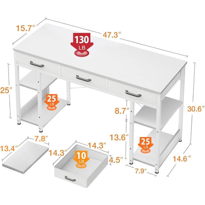 Small Computer Desk for Home Office, 48"x16" Writing Desk with Fabric Drawers & Storage Shelves, White