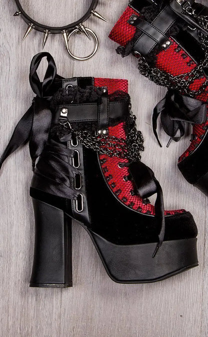 Gothic Style Chain Lace Up Bow Women Short Boots Retro Round Toe Square Heel Chunky Platform Ankle Boots Punk Ladies Party Shoes