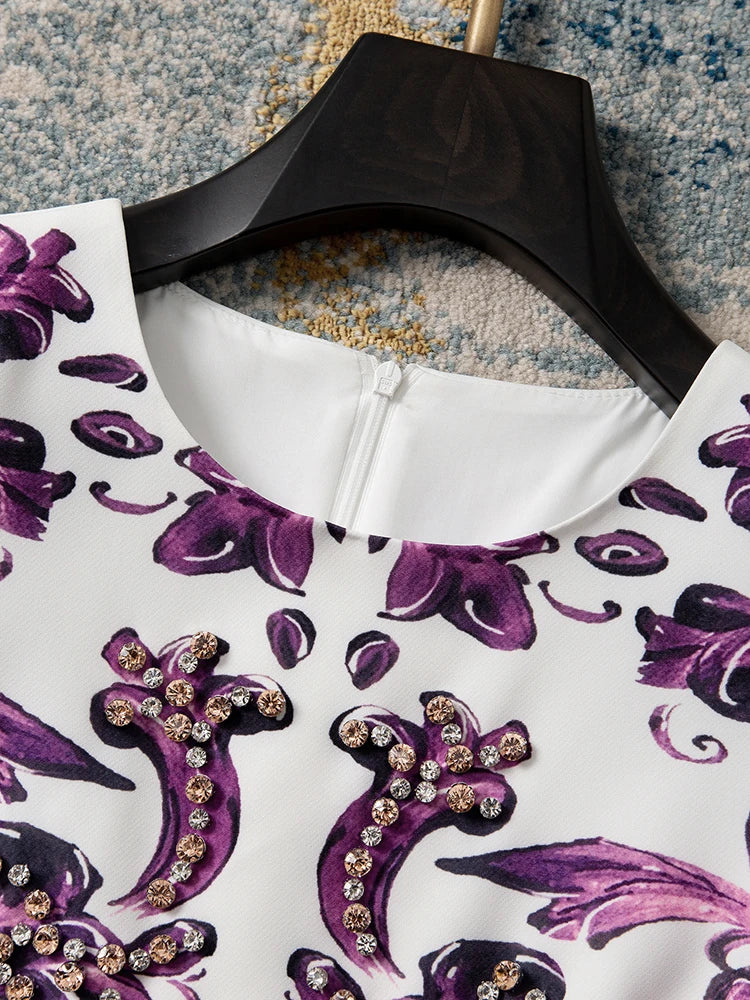 Women Purple Blue and White Porcelain Print Dress Beaded Short Sleeve Loose Straight Summer Casual Midi Dress 2026