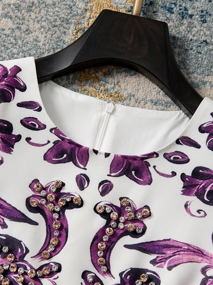 Women Purple Blue and White Porcelain Print Dress Beaded Short Sleeve Loose Straight Summer Casual Midi Dress 2026
