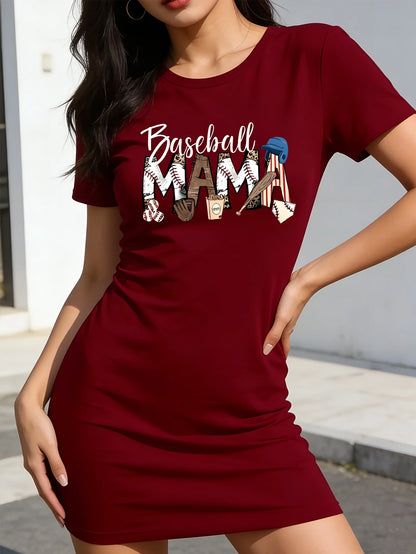 Baseball Mom Printed Ladies' Casual Short-Sleeved Dress, Round Neck Casual Wear, Suitable for All Seasons Casual Wearing
