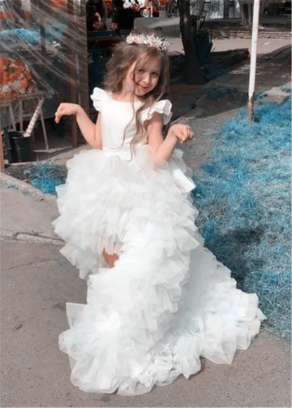 Lovely White Satin Flower Girl Dress for Wedding Dresses Little Princess Bow Kids Birthday Party Evening Customise Gowns