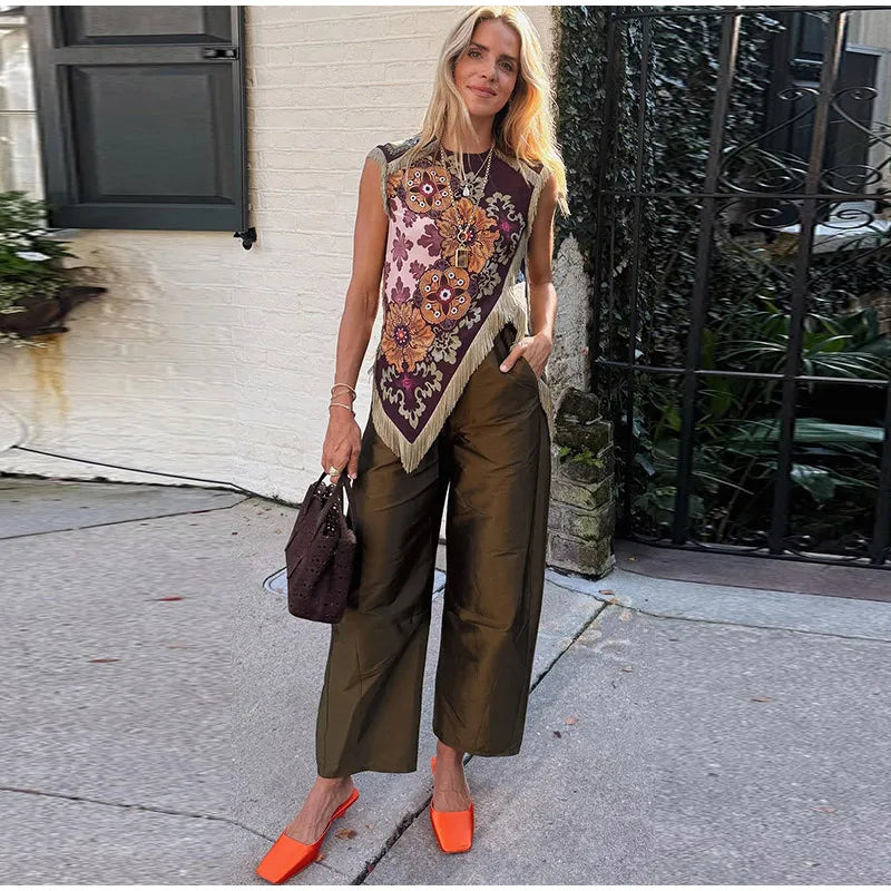 Fashion Tassel Printed Irregular Top Women Loose O-neck Sleeveless Patchwork Vest 2026 Summer Lady New Casual Beach Y2k Outfit