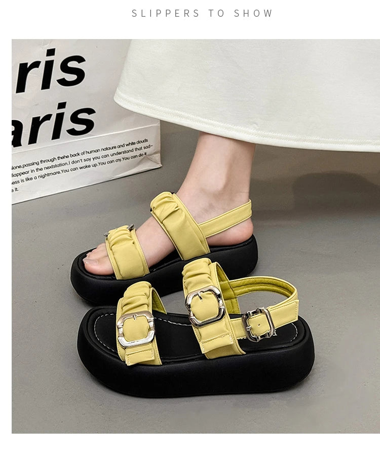 Designer's One Word Buckle Thick Bottom Women's Sandals Luxury Women's Shoes Round Head Fish Mouth Shoes Sponge Bottom Sandals