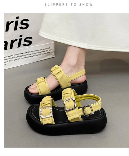 Designer's One Word Buckle Thick Bottom Women's Sandals Luxury Women's Shoes Round Head Fish Mouth Shoes Sponge Bottom Sandals
