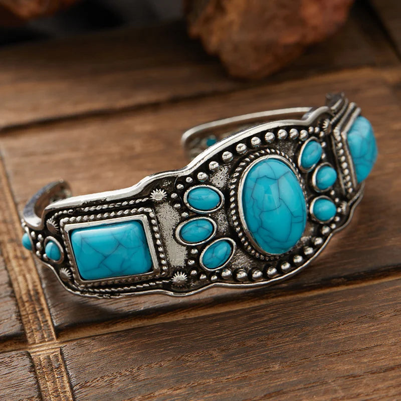 Women's Vintage Bohemian Jewelry Cuff Bracelet with Faux Turquoise Opening Adjustable Bracelet Holiday Party Accessories