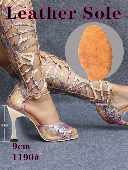 Ladingwu High-end Custom Material Fish Scale Texture Women Dance Shoes Sexy Pole Dance Boots Ladies Wedding Ballroom Shoes