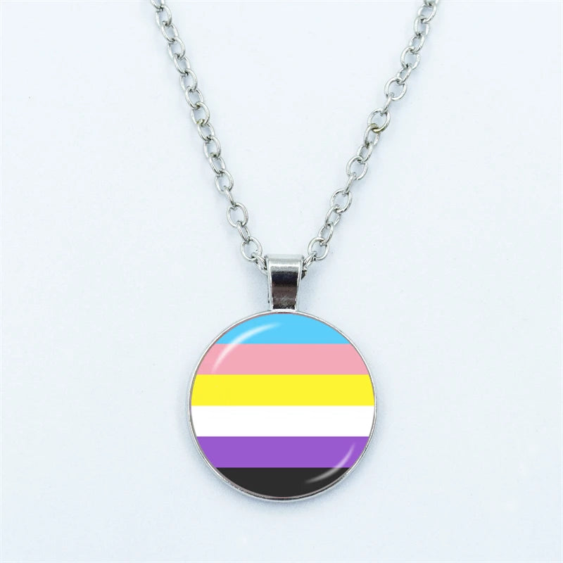 Rainbow Necklace LGBT Lesbian Gay Pride Rainbow Friendly Print Art Pattern Glass Cabochon Pendant Couple Chain Necklace Gift
