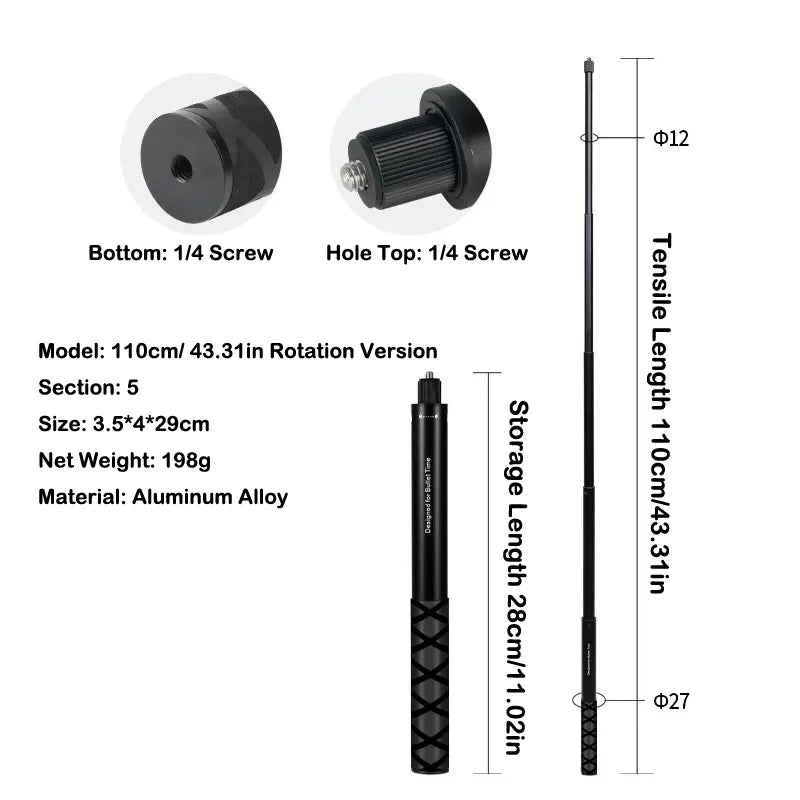 Motorcycle Bike Selfie Stick for INSTA360 X2/X3 Handlebar Mount Camera Bracket 27.9cm-113.5cm Adjustable Length 1/4 Inch Screw