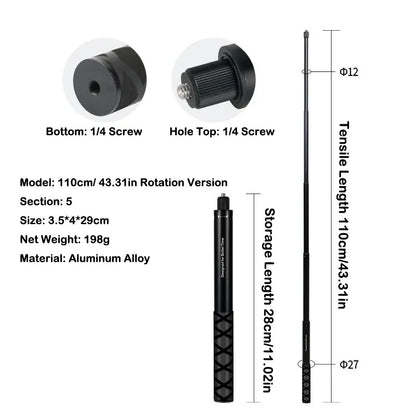 Motorcycle Bike Selfie Stick for INSTA360 X2/X3 Handlebar Mount Camera Bracket 27.9cm-113.5cm Adjustable Length 1/4 Inch Screw