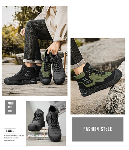 Original Black Leather Ankle Boots For Men Outdoor Non-slip Work Boots Men's Motorcycle Boots Platform High Top Bikers Shoes Man