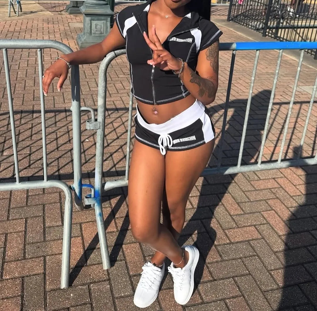2025 Summer European and American Street Spice Girl Style Zipper Cardigan Slim Casual Sports Short-sleeved T-shirt Top Set