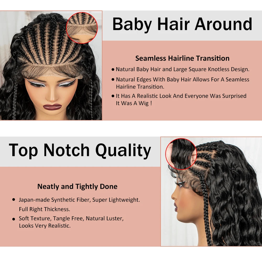 28inch 13x6 Transparent Lace Front Natural Deep Wave Hair Wigs with Cornrow Braids Synthetic Curly Brazilian Hair Wig for Women