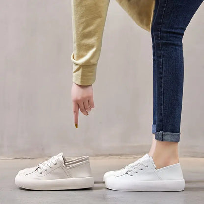 GKTINOO Genuine Leather Lace Up White Shoes For Women Flats Heel Sofe Soles Sneakers Shoes Luxury Leisure Fashion Big Head Shoes
