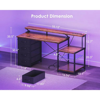 55 Inch Computer Desk with 4 Drawers, Office Desk with Power Outlets, Printer Shelf & Storage Shelves, Large, Customized