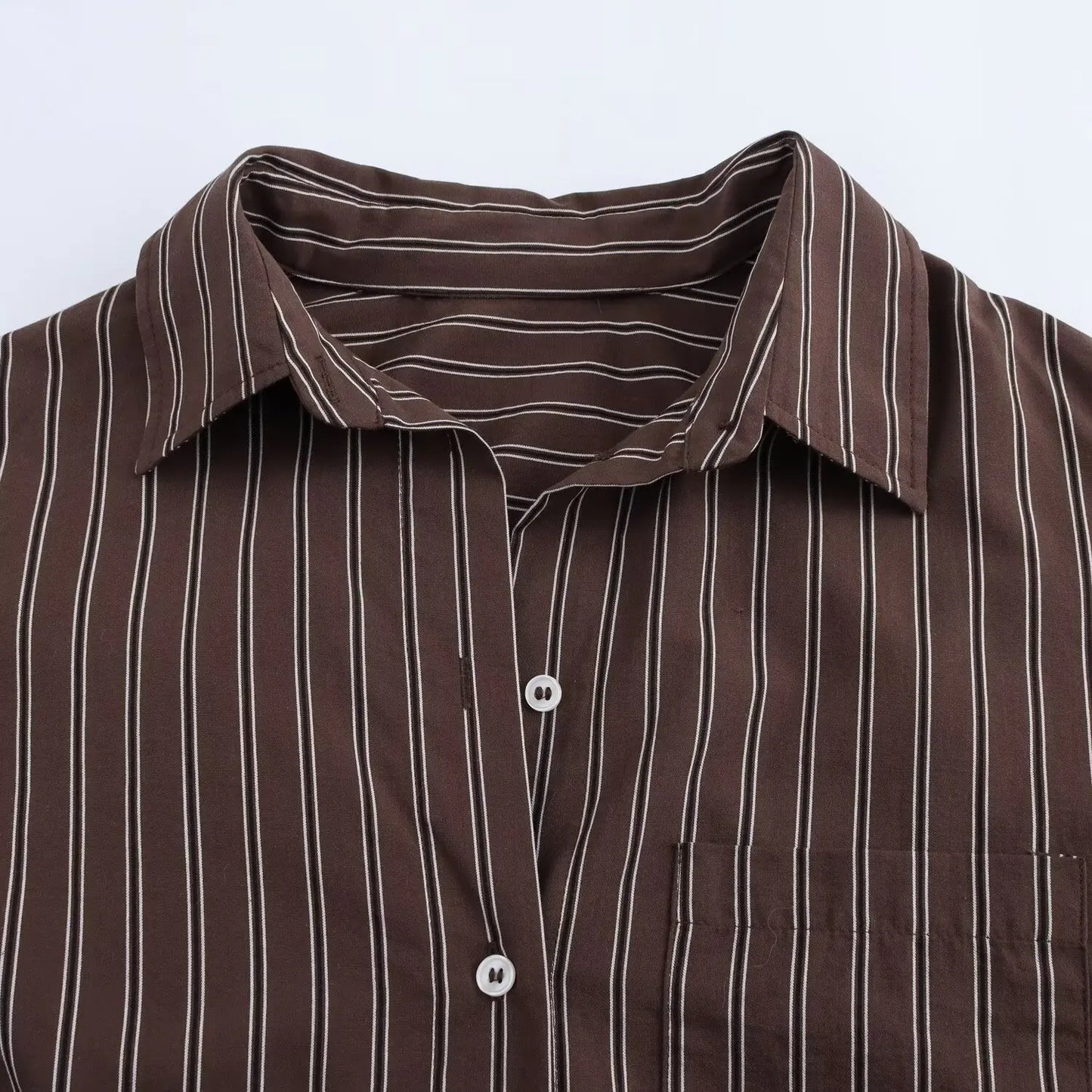 EDSA Women Brown Batwing Stripe Shirt Long Sleeves with Cuffs Patch Pockets Button-up Front for Office Lady Blouse