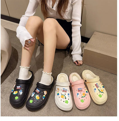 Winter Women Slippers Platform Clogs Warm Furry Slippers Fur Indoor Home Cotton Shoes Female Fluffy Slides Plush Slippers